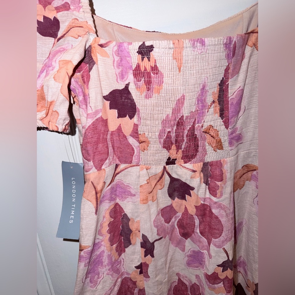 London Times Pink Floral Square-neck Puff Sleeve Empire Waist Midi Dress - Picture 3 of 9